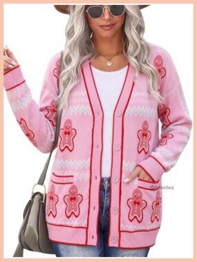 Women's Christmas Knit Cardigan Button Down Sweater with Pockets Holiday